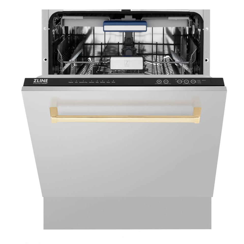 ZLINE Autograph Edition 24-Inch 3rd Rack Top Control Tall Tub Dishwasher in Stainless Steel with Gold Handle, 51dBa (DWVZ-304-24-G)