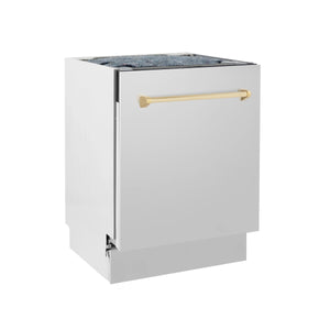 ZLINE Autograph Edition 24-Inch 3rd Rack Top Control Tall Tub Dishwasher in Stainless Steel with Gold Handle, 51dBa (DWVZ-304-24-G)